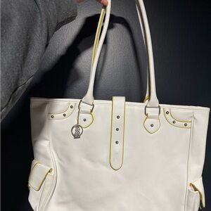 White Faux Leather Tote Bag w/ Yellow Lining & Side Pockets